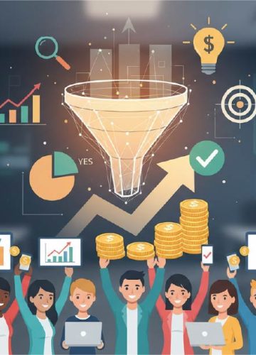 An image of various Characters holding up laptops, tablets, mobile phones, and money.