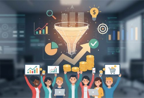 An image of various Characters holding up laptops, tablets, mobile phones, and money.