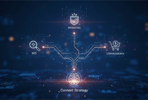 I digital image depicting how SEO branding and conversions are controlled by content strategy