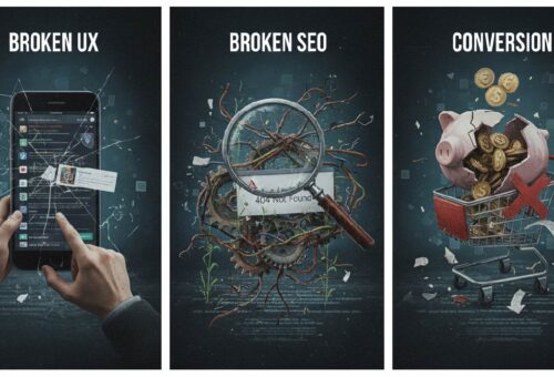 An image portraying Broke UX, Broken SEO, and Conversions
