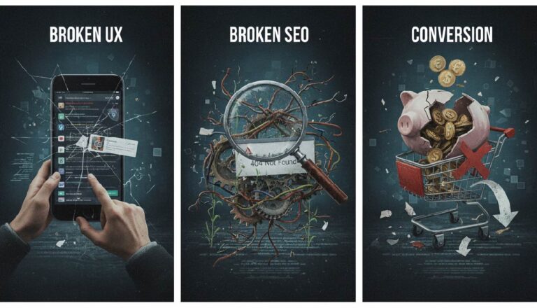 An image portraying Broke UX, Broken SEO, and Conversions