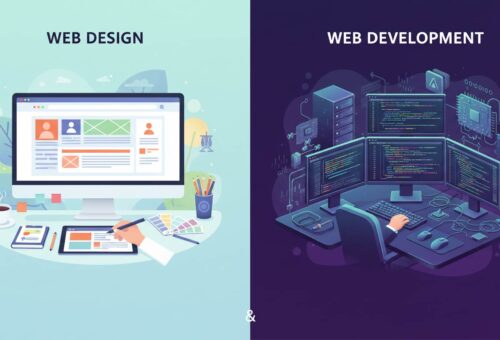 A side by side image contrasting Web Design and Web Development