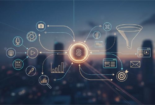 A digital image of different icons with a city backdrop