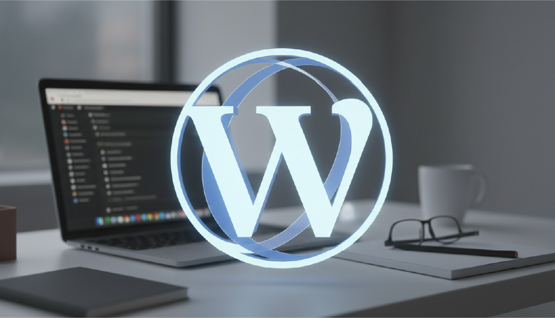 WordPress logo with a laptop in the background